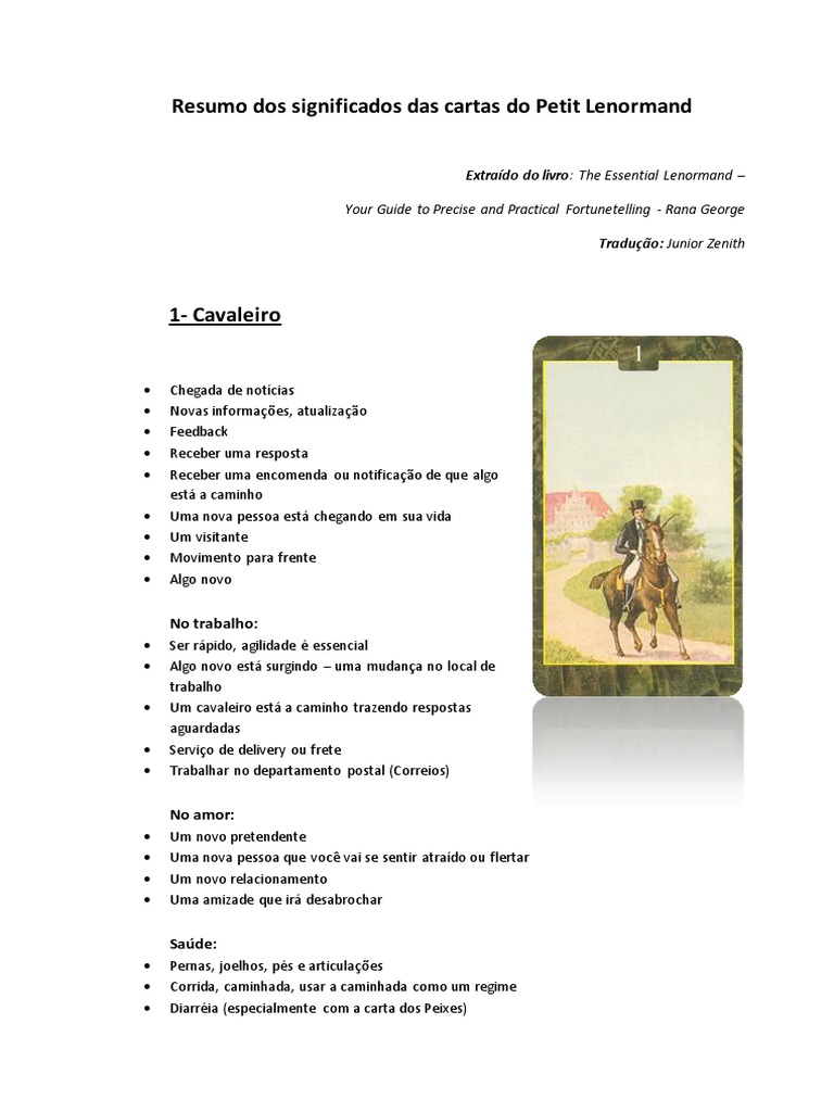 Resumo Dos Significados Das Cartas Do Petit Lenormand Por 