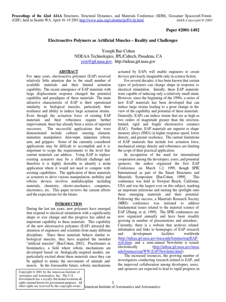 Electroactive Polymers As Artificial Muscles - Reality and Challenges ... 