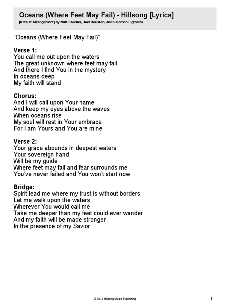 Oceans (Where Feet May Fail) Hillsong Lyrics PDF
