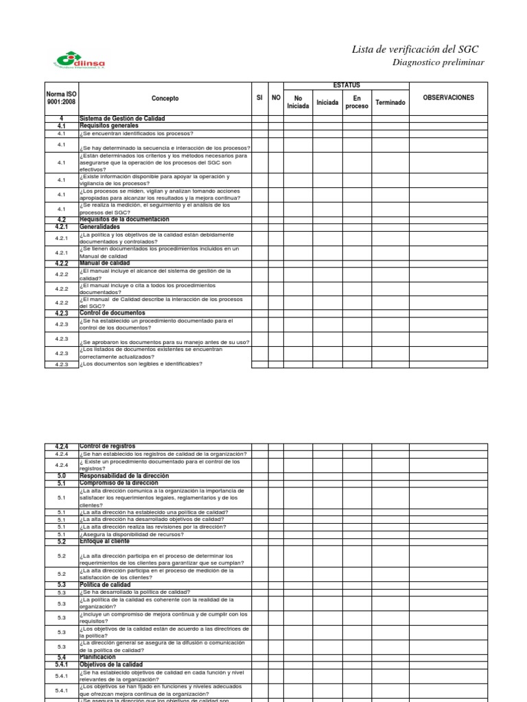 Check List Iso 9001 2008 | PDF