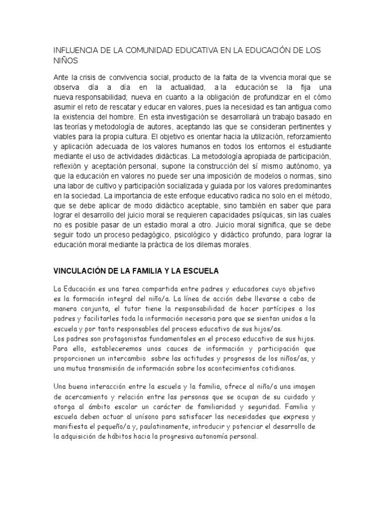 Influencia de La Comunidad Educativa en La Educación de Los Niños | PDF