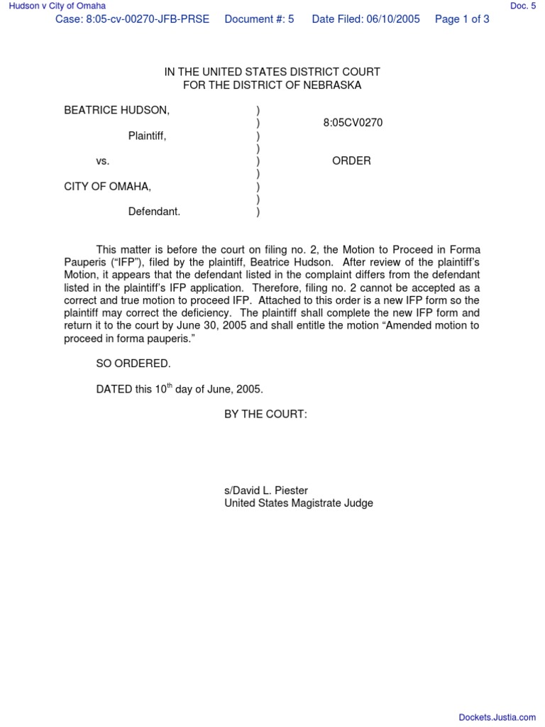 Hudson v City of Omaha Document No. 5 Complaint Common Law