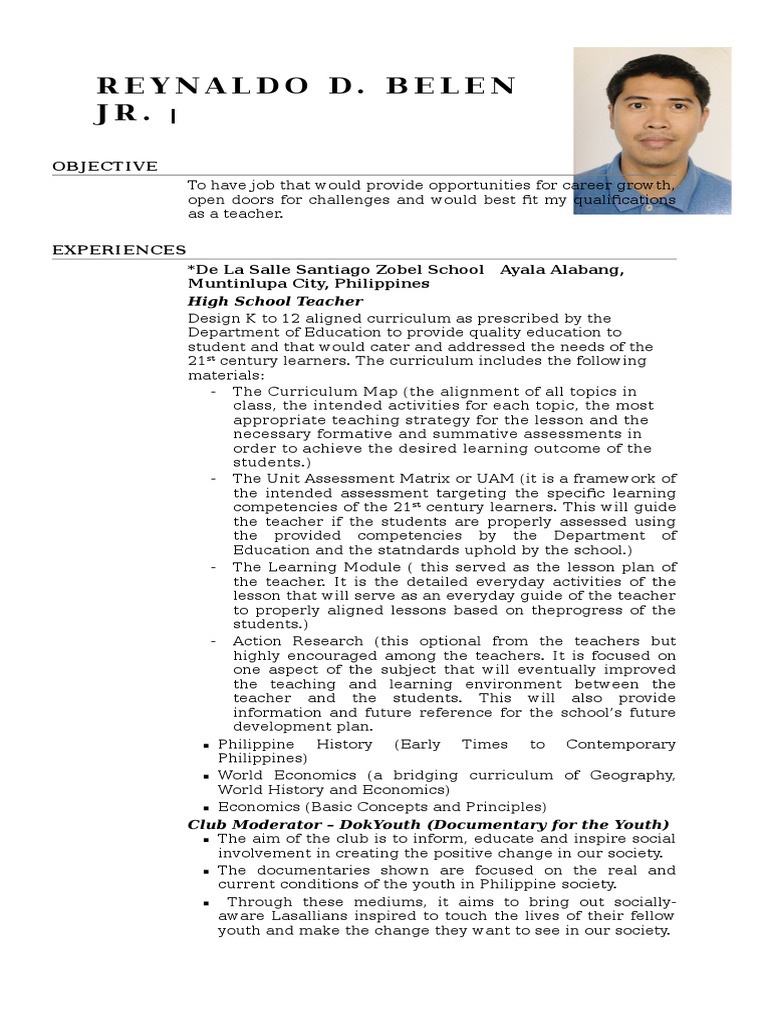 MR Rey Belen Resume 1516 | PDF | Educational Assessment | Curriculum