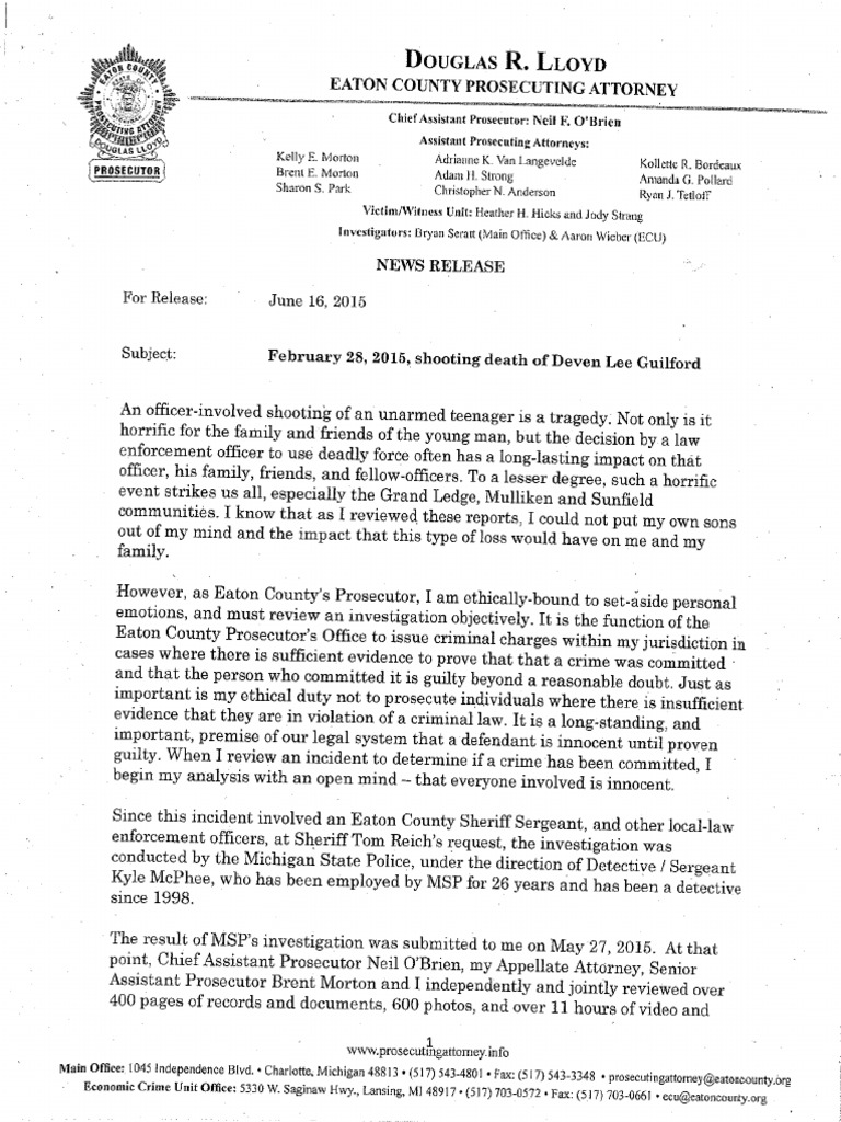 Eaton County Prosecutor Statement On Fatal Shooting | PDF