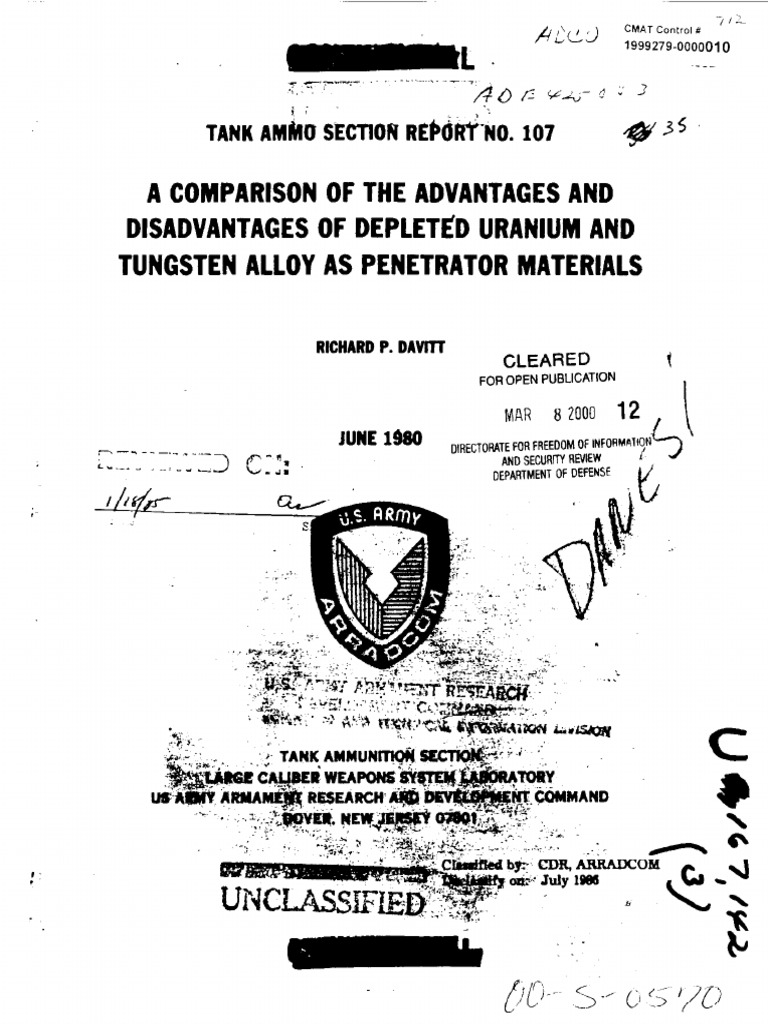 Depleted Uranium vs Tungsten for Tank Un Ammunition Report No 107