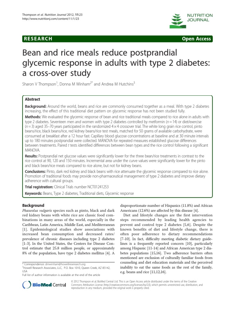 Bean and Rice Meals PDF Diabetes Mellitus Type 2 Blood Sugar
