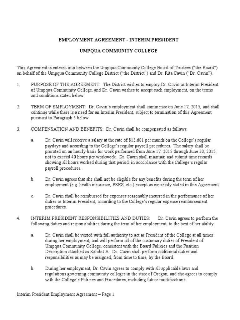 Interim President Agreement Umpqua College | PDF | Employment | Insurance