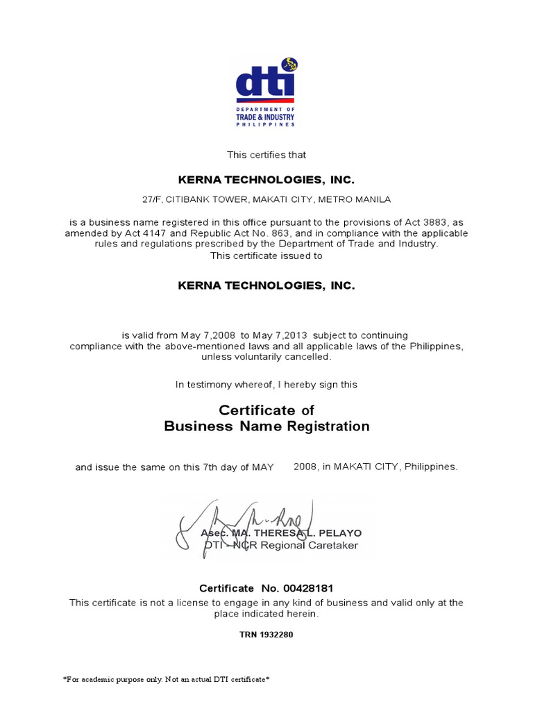 Certificate of Business Name Registration Kerna Technologies, Inc PDF