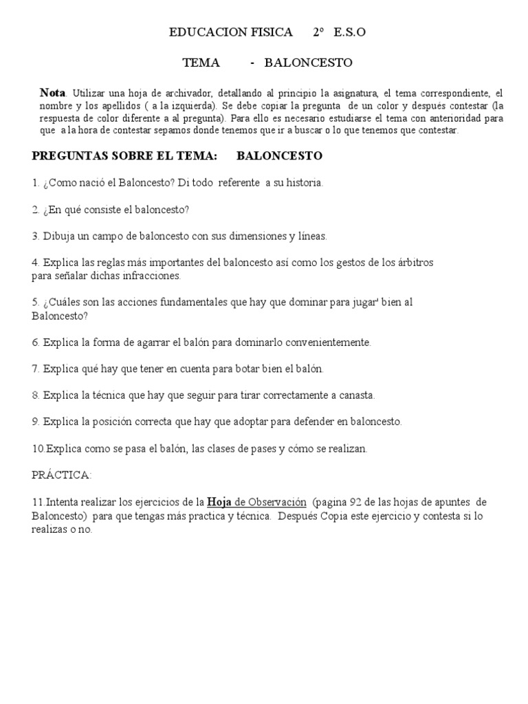 Preguntas Tema de Baloncesto | PDF