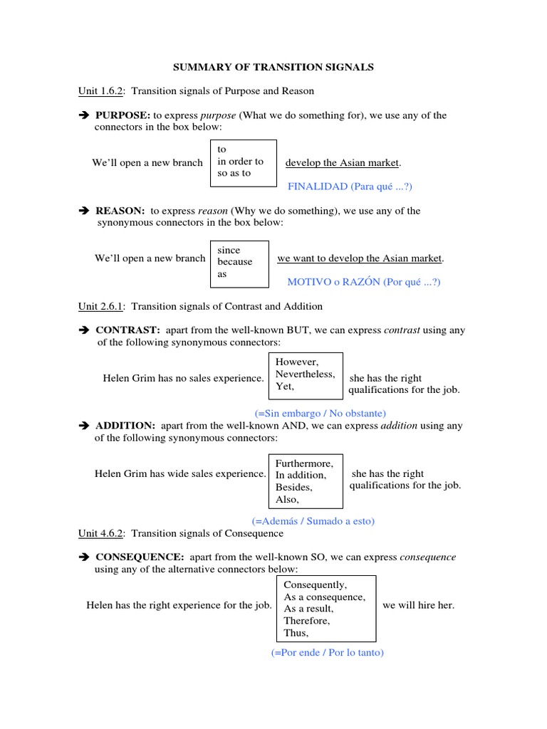 Summary of Transition Signals: FINALIDAD (Para Qué ... ?) | PDF