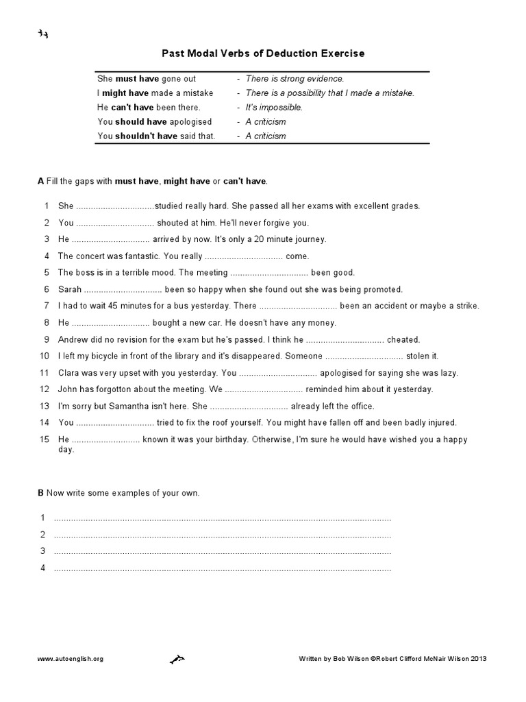 Past Modals Of Deduction Exercises Pdf