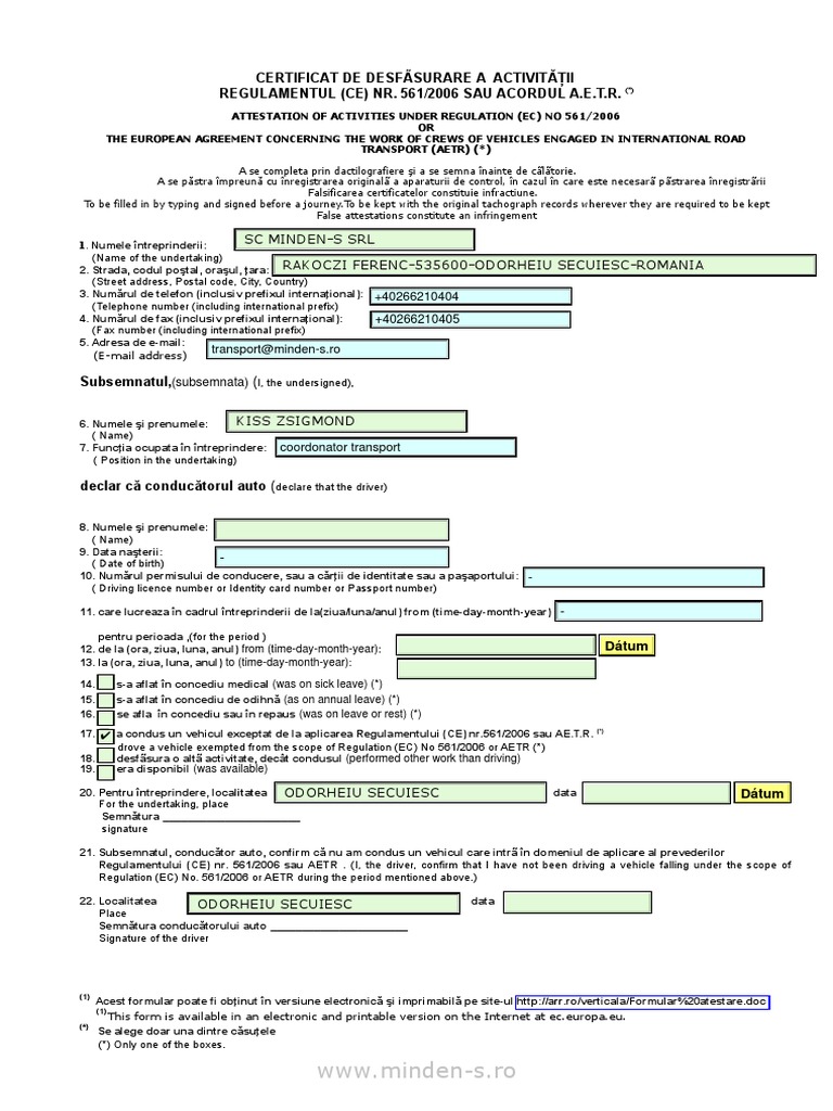 Formular Acordul AETR ROEN2 | PDF