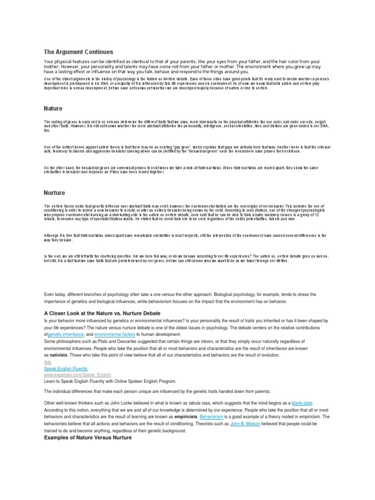 Nature Vs Nurture - Words | Essay Example