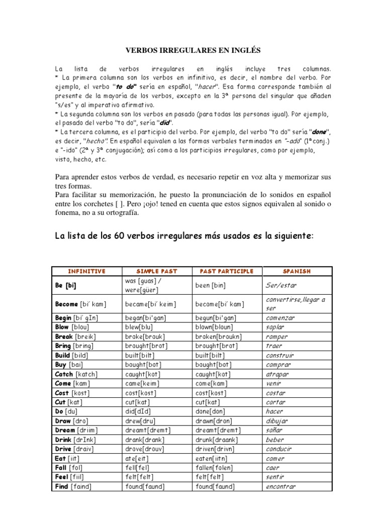 Ingles Verbos Irregulares Verbo Morfologia Linguistica