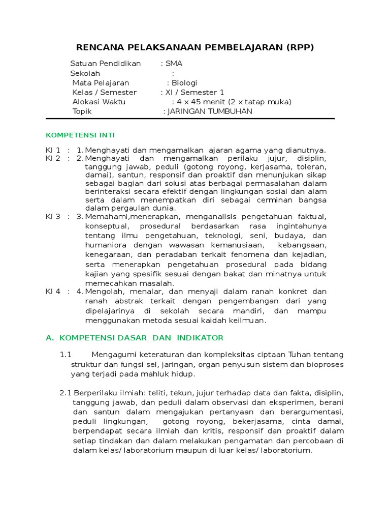 Rpp Struktur Dan Fungsi Jaringan Tumbuhan Kelas Xi