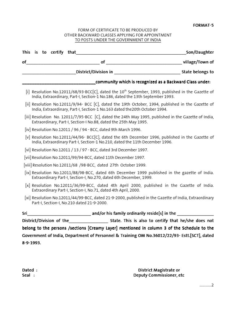 OBC Caste Certificate Format PDF | PDF | Magistrate | Government Of India