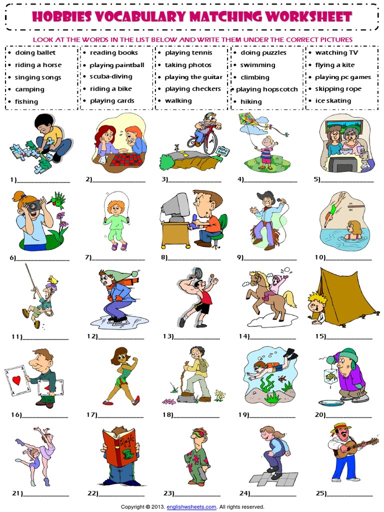 Hobbies and Interests Vocabulary Matching Exercise Worksheet