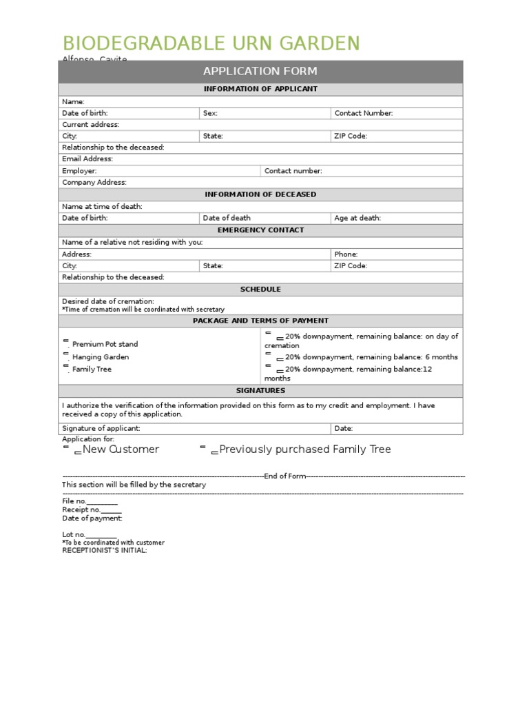 Biodegradable Urn Garden: Application Form | PDF | Law