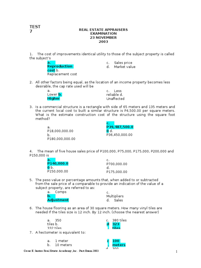 2013 Appraiser Mock Exam Test 7 PDF Real Estate Appraisal Lease