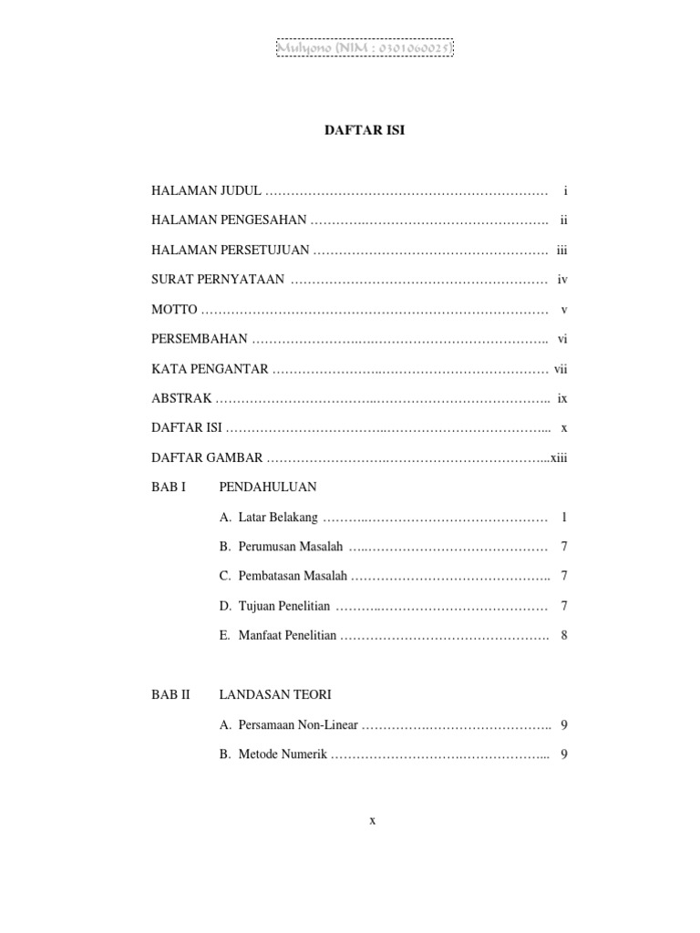 DAFTAR ISI (Contoh Skripsi Program Studi Pendidikan Matematika) | PDF