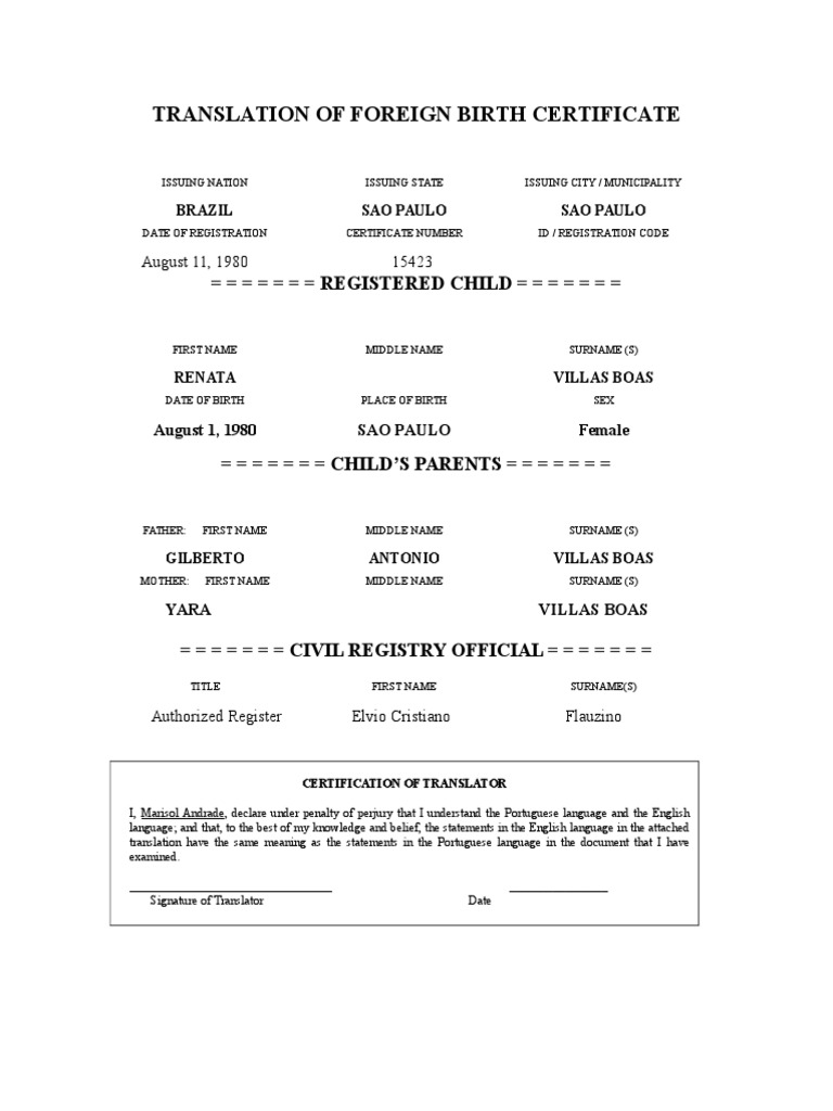 Translation Template Birth Certificate  PDF With Regard To Mexican Marriage Certificate Translation Template