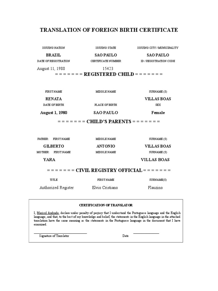 Translation Template Birth Certificate  PDF Within Mexican Marriage Certificate Translation Template