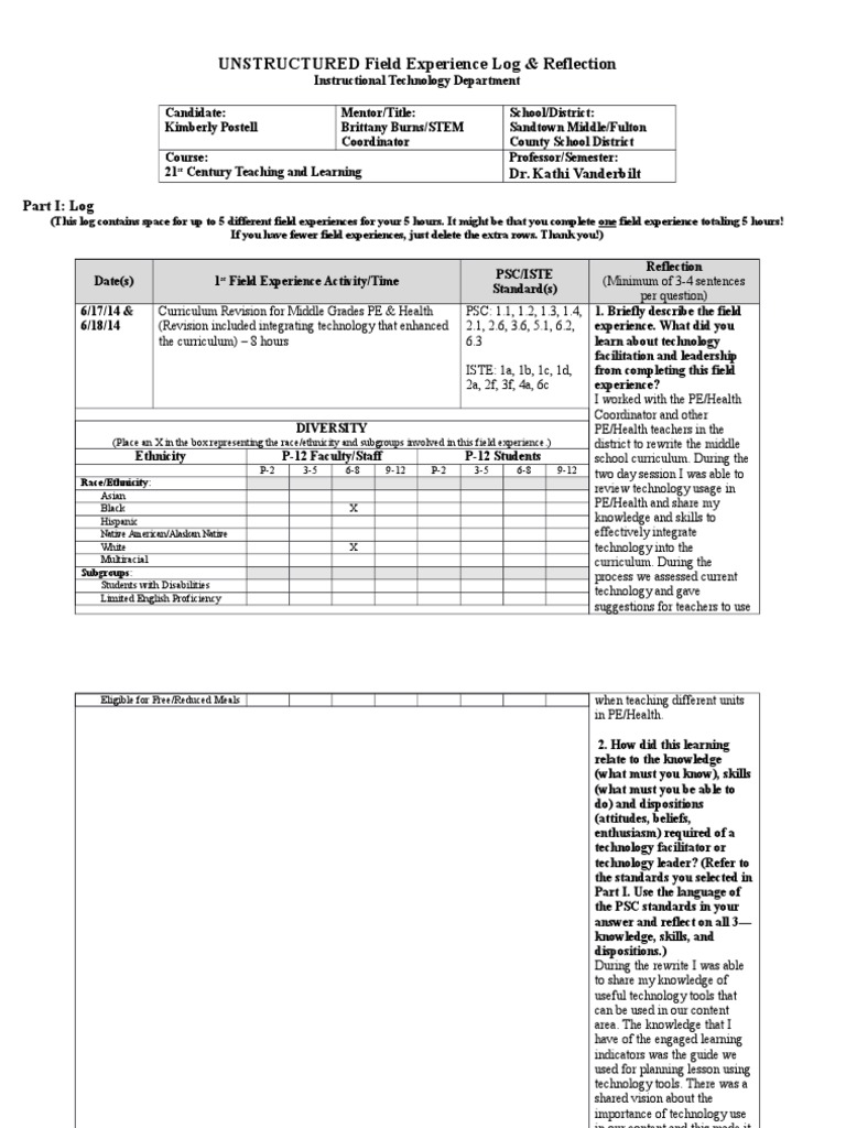 UNSTRUCTURED Field Experience Log & Reflection Dr. Kathi Vanderbilt