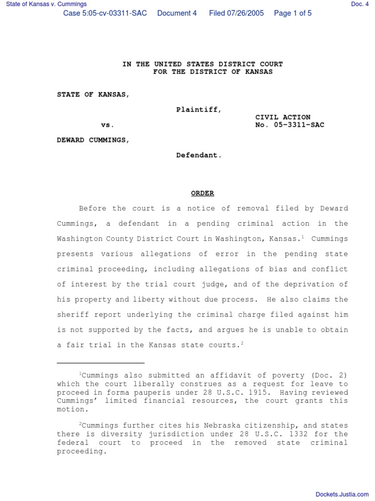 State Of Kansas V Cummings Document No 4 State Court United States Government Institutions