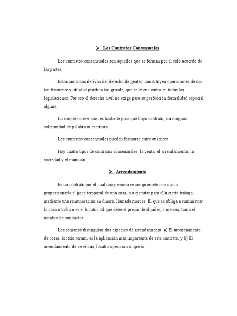 Los Contratos Consensuales PDF Alquiler Derecho Civil sistema Legal 