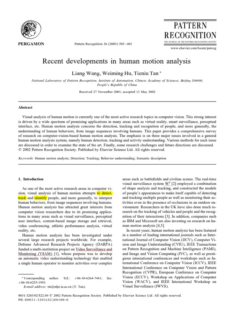 Recent Developments in Human Motion Analysis PDF | PDF | Computers ...