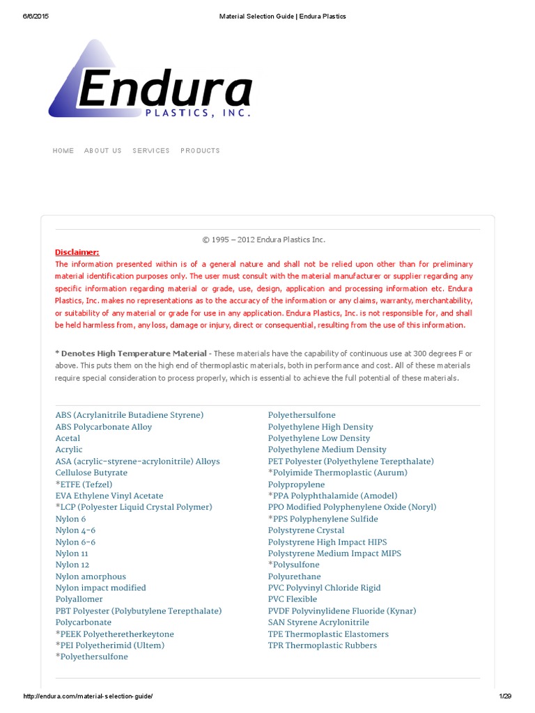 Material Selection Guide - Endura Plastics | PDF | Thermoplastic | Nylon