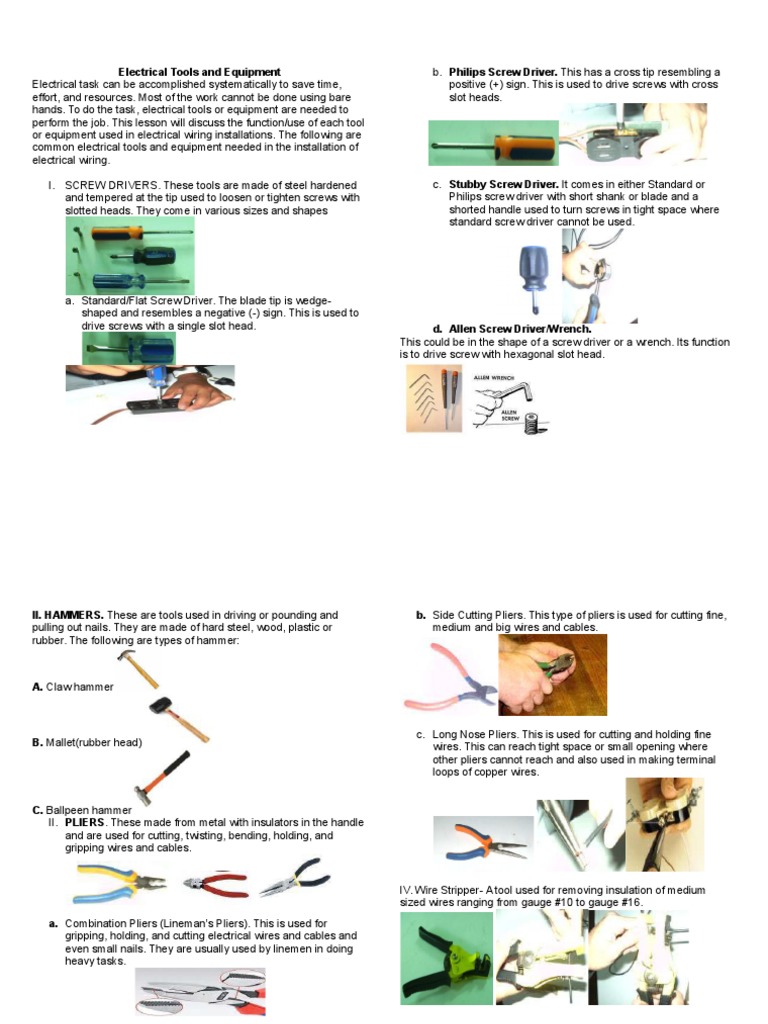 Electrical Tools and Equipment Overview | PDF | Screw | Metalworking
