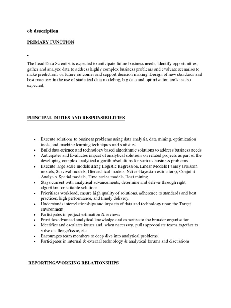 Lead Data Scientist PDF Data Science Machine Learning