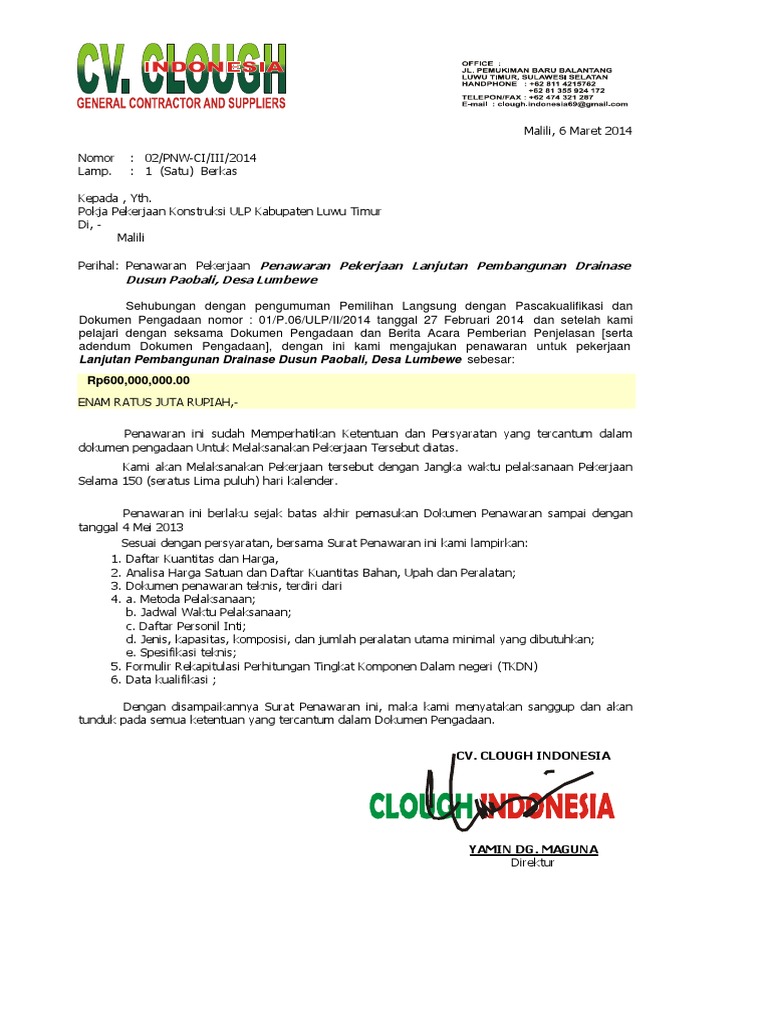 Contoh Surat Penawaran Jasa Konstruksi Hal