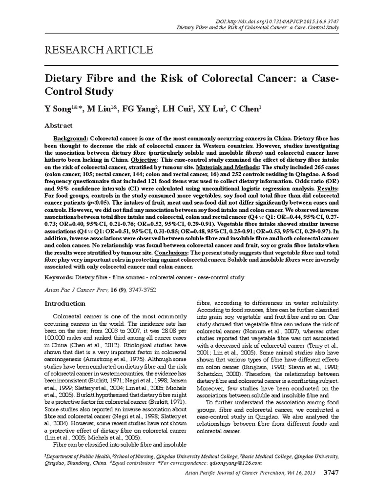 Dietary Fibre and The Risk of Colorectal Cancer A CaseControl Study PDF Dietary Fiber