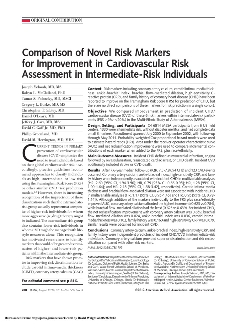 Novel Risk Markers for CVD Assessment | PDF | Cardiovascular Diseases ...