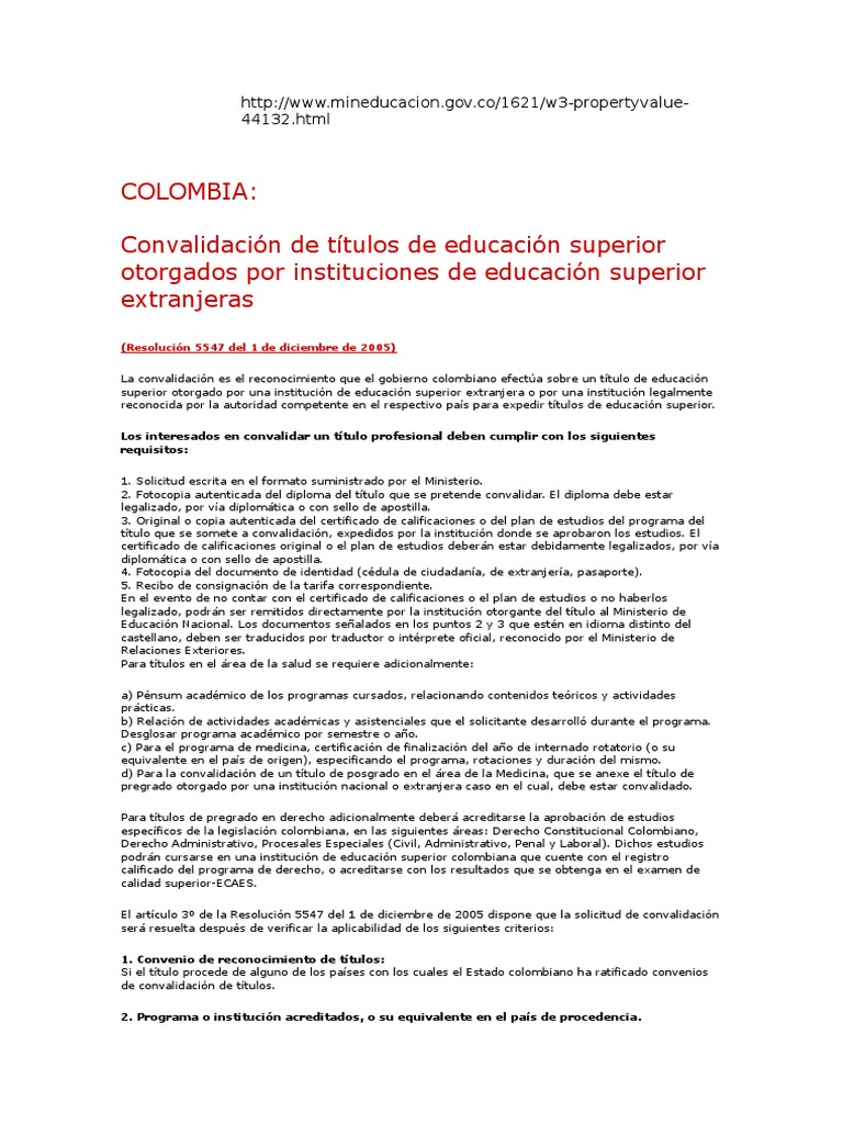 Convalidación de Títulos en Colombia | PDF | Educación más alta ...