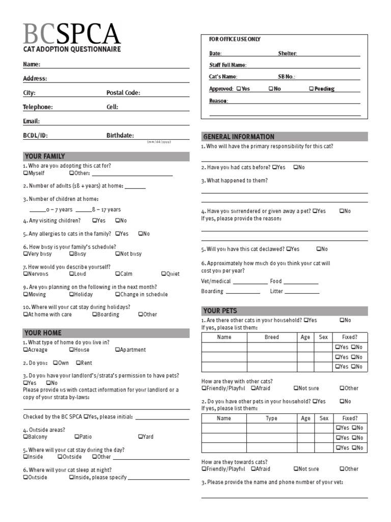 Cat Adoption Questionnaire: Name: Address: City: Postal Code: Telephone ...