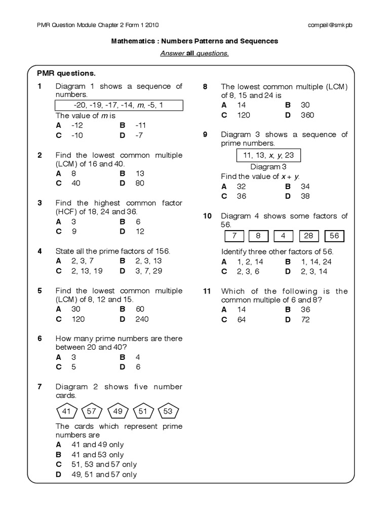 Math MF1 Chapter 2 Numbers Patterns and Sequences | PDF