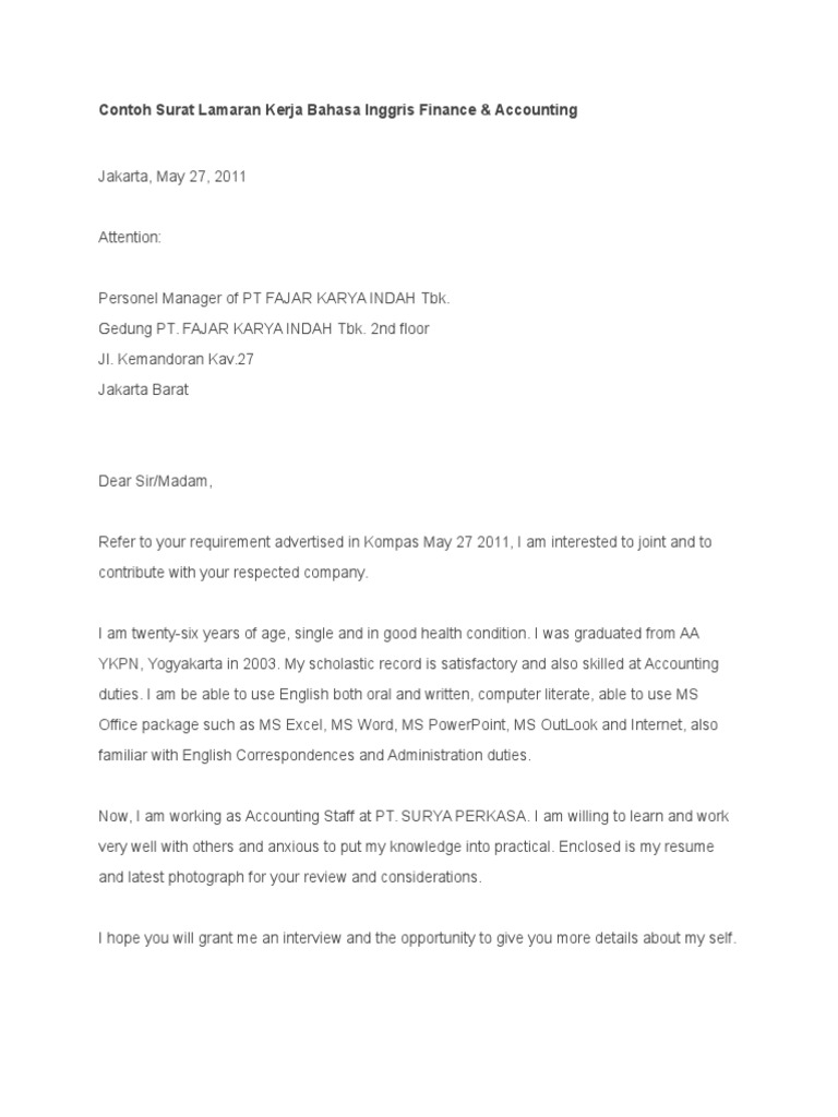 Contoh Surat Lamaran Kerja Accounting Bahasa Inggris - 11 Contoh Surat Lamaran Kerja Bahasa Inggris Lengkap Dengan Artinya - Surat lamaran yang menggunakan bahasa inggris ala kadarnya saja tentu tidak cukup.