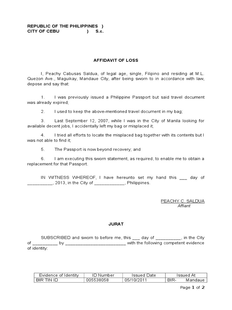 Affidavit of Loss (Passport) PDF