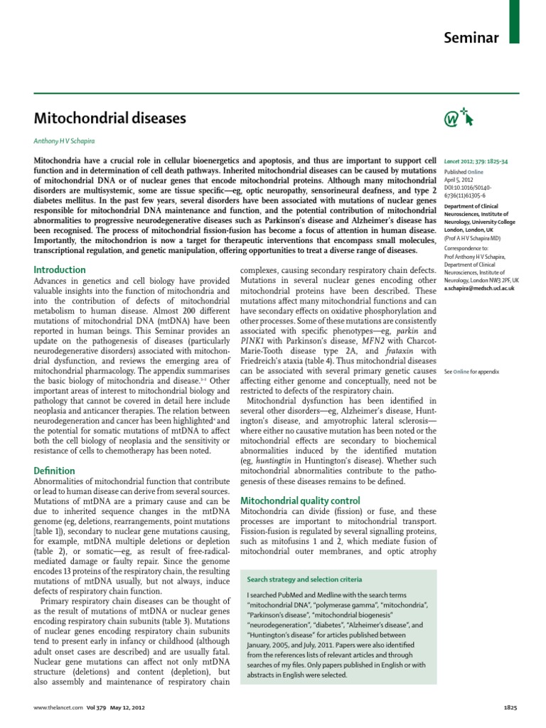 Mitochondrial Diseases and Neurodegeneration | PDF | Mitochondrion ...