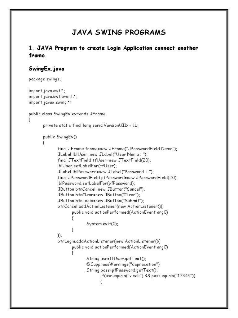 Java Swing Programs PDF Software Computer Programming