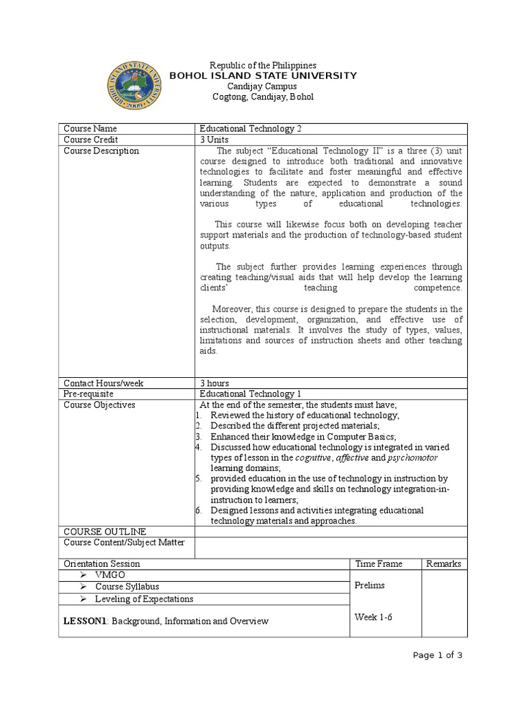 Syllabus In Ed Tech 2 1st 2014 2015 2 Educational - 