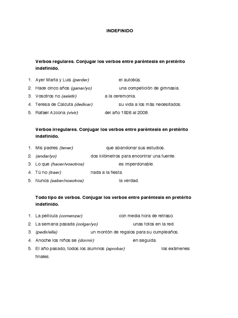 Ejercicios de Pretérito Indefinido | PDF | Artes del Lenguaje y ...