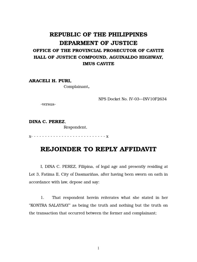 Rejoinder Affidavit of Dina C. Perez | PDF | Fraud | Crime & Violence