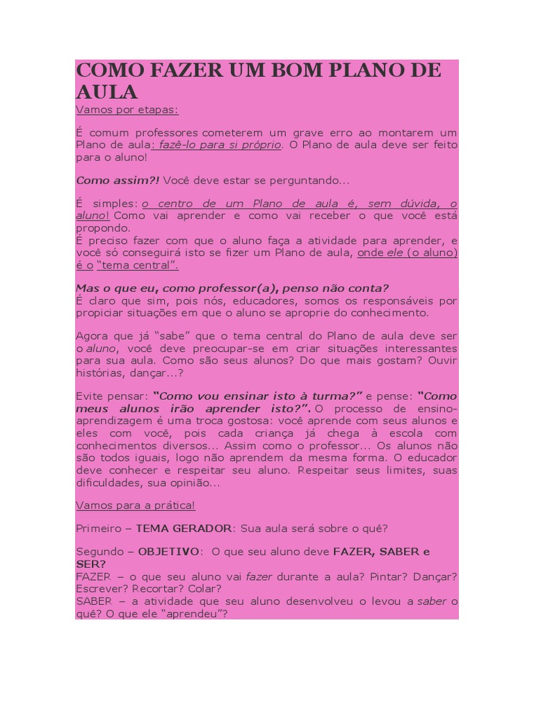 Como Fazer Um Bom Plano de Aula PDF | PDF | Lição | Aprendizado