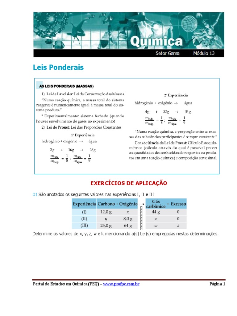 Exercícios sobre Leis Ponderais em Química | PDF | Combustão | Oxigênio