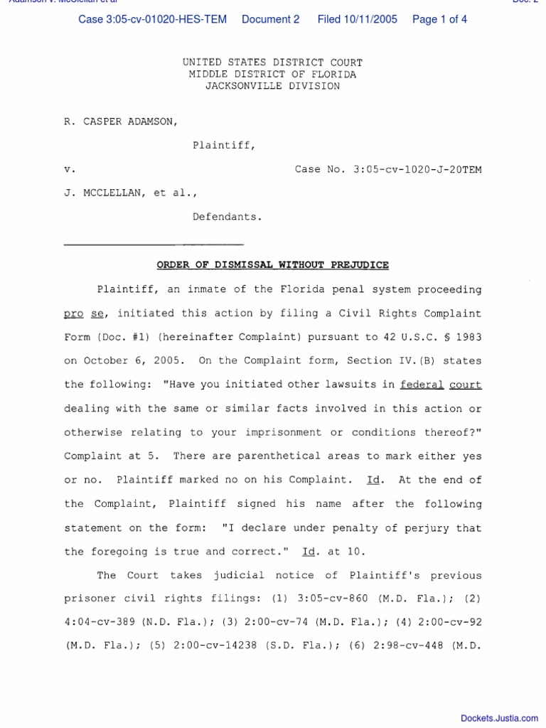 Adamson v. McClellan Et Al Document No. 2 PDF Prejudice (Legal
