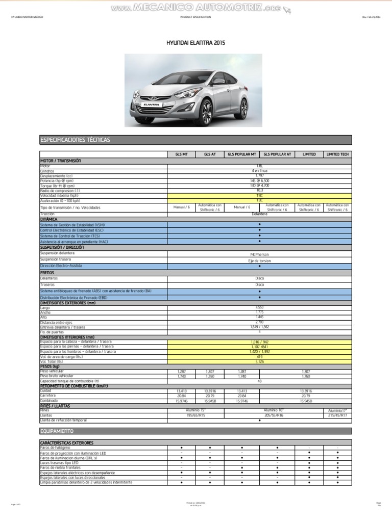 Material Ficha Tecnicas Especificaciones Tecnicas Hyundai Elantra 2015 ...